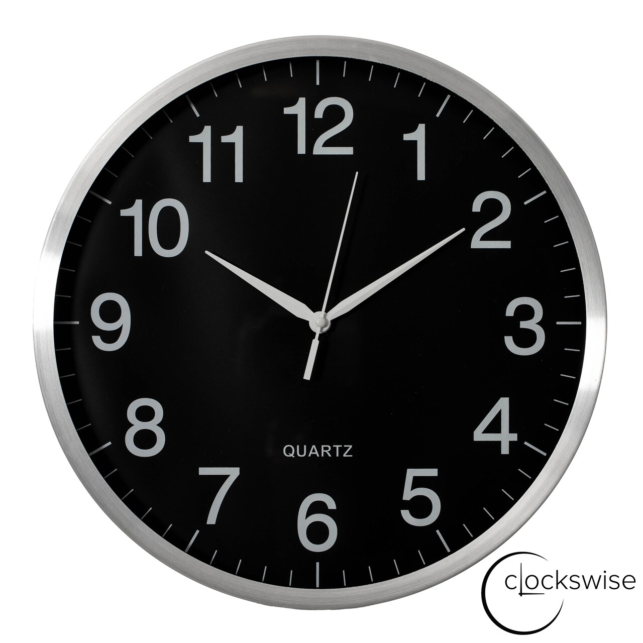 Clockswise Round Quartz Wall Clock Non-Ticking Battery Operated with Silent Sweep Movement, Aluminum Silver Frame, Perfect for Home Kitchen Office Living Room Study Hallway Classroom, Black Face